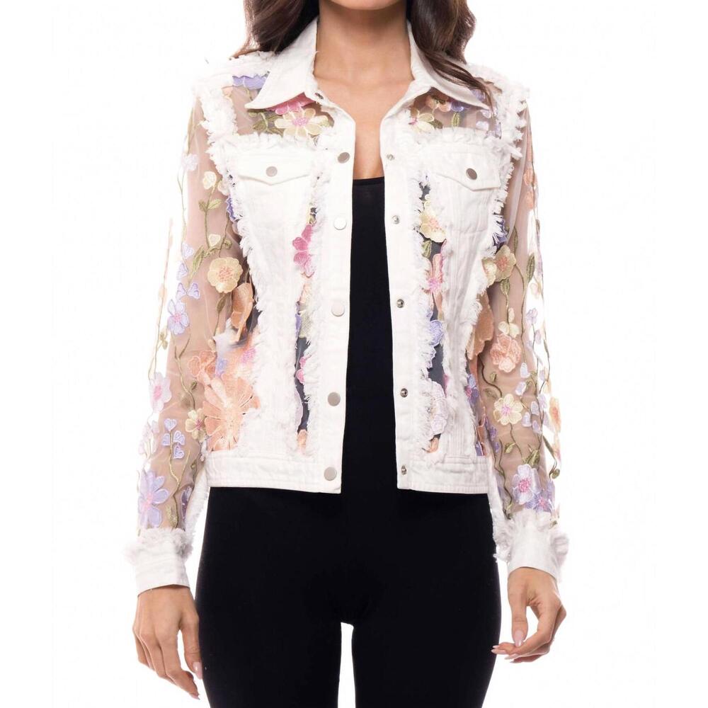 NEW J'ADORE embroidered denim and lace bohemian jacket in white lotus